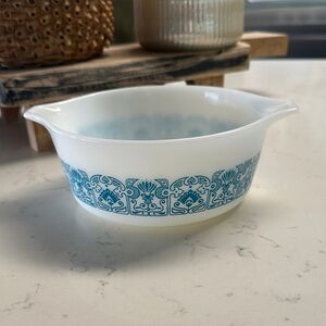 Vintage 1970s Pyrex White Bakeware with Blue Design
